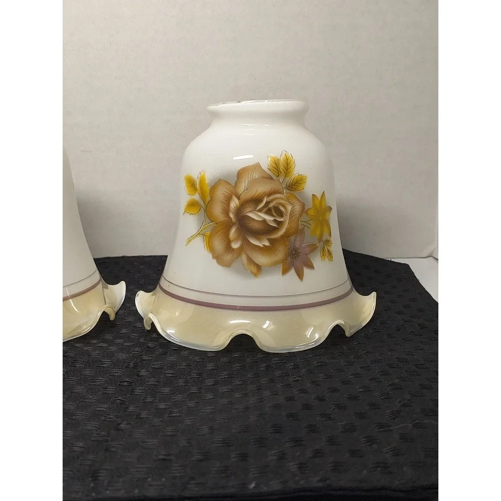 3 Chandelier Lustre Milk Glass‎ Replacement Lamp Shade Tan Brown Rose Floral